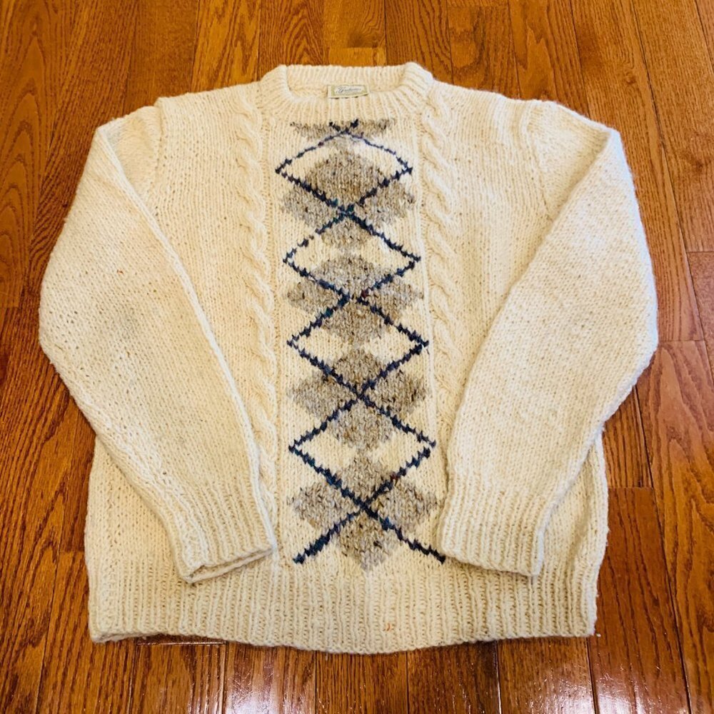 Gaeltarra Vintage Aran Knit Wool Jumper Cream Sweater Made in Ireland Me…